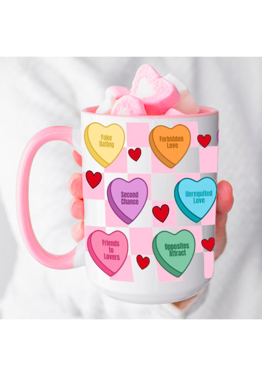 Valentines Day Mug, Candy Heart Mug, Conversation Heart Mug, Book Tropes Conversation Hearts, Romance Tropes Mug,