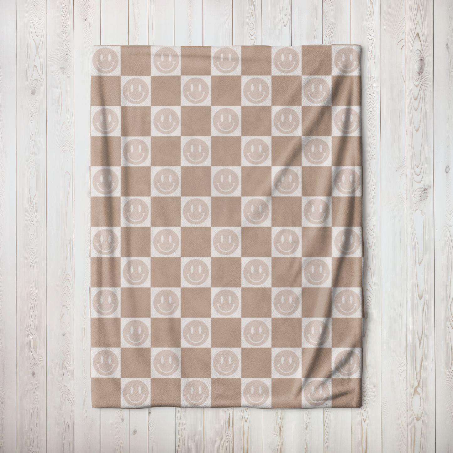 Neutral Checkered Blanket, Smiley Face Blanket, Cozy Blanket, Gifts for Her, Velveteen Microfiber Blanket