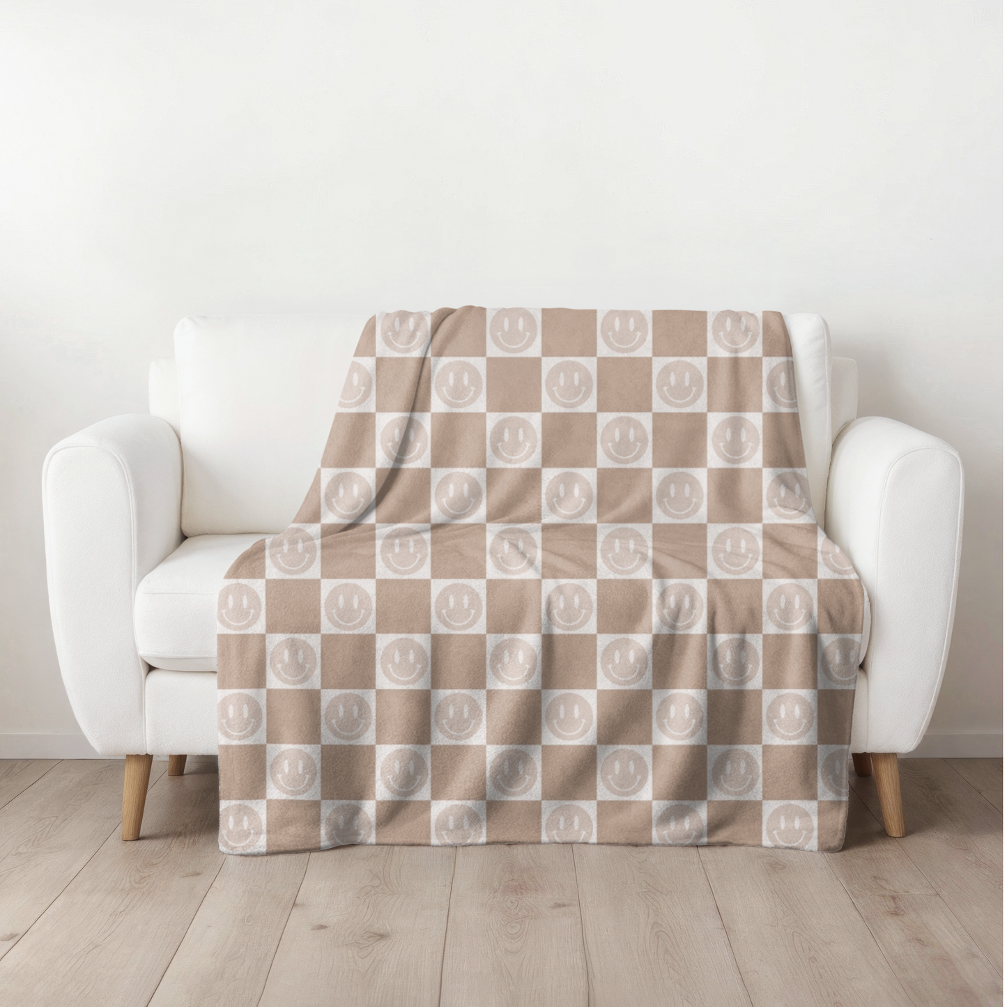 Neutral Checkered Blanket, Smiley Face Blanket, Cozy Blanket, Gifts for Her, Velveteen Microfiber Blanket