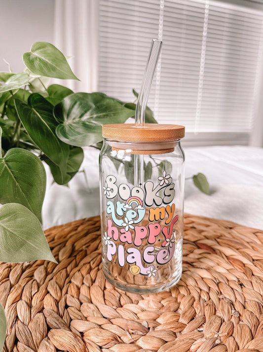 Books Are My Happy Place UV DTF 16oz Libbey Glass Can Iced Coffee Cup With Bamboo Lid And Glass Straw