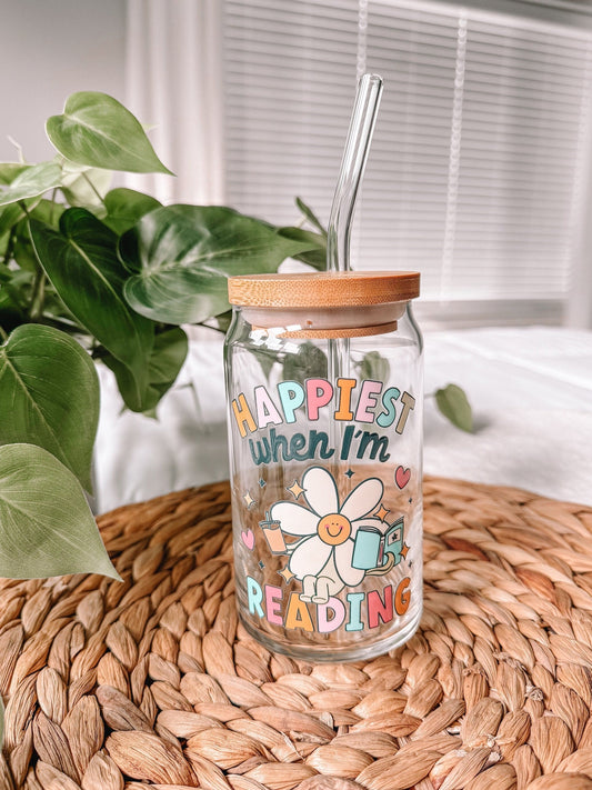 Happiest When I’m Reading UV DTF 16oz Libbey Glass Can Iced Coffee Cup With Bamboo Lid And Glass Straw