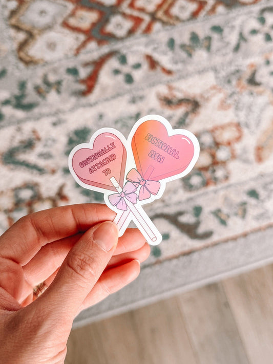 Emotionally Attached To Fictional Men Heart Lollipop Holographic Sticker